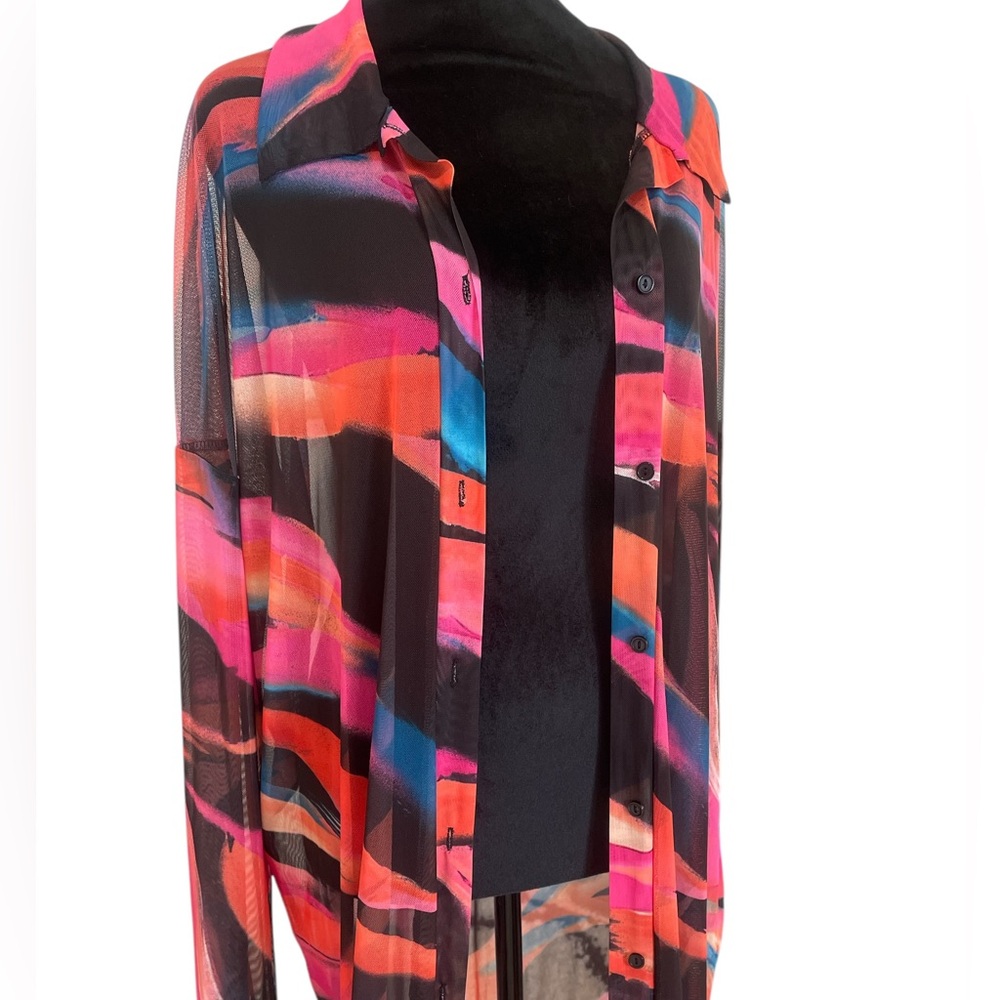 Multi colored Colorful Long Sheer Button-Up Shirt,Dress,Top,Bathing suit cover - Picture 9 of 10